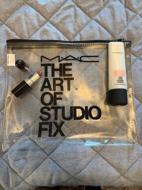 MAC bundle, strobe cream and satin lipstick W/ clear cosmetic pouch